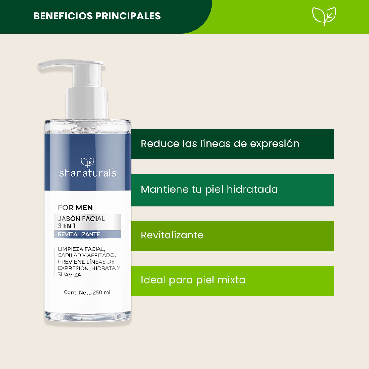 Jabón Facial 3 en 1 For Men Revitalizante - Shanatural's